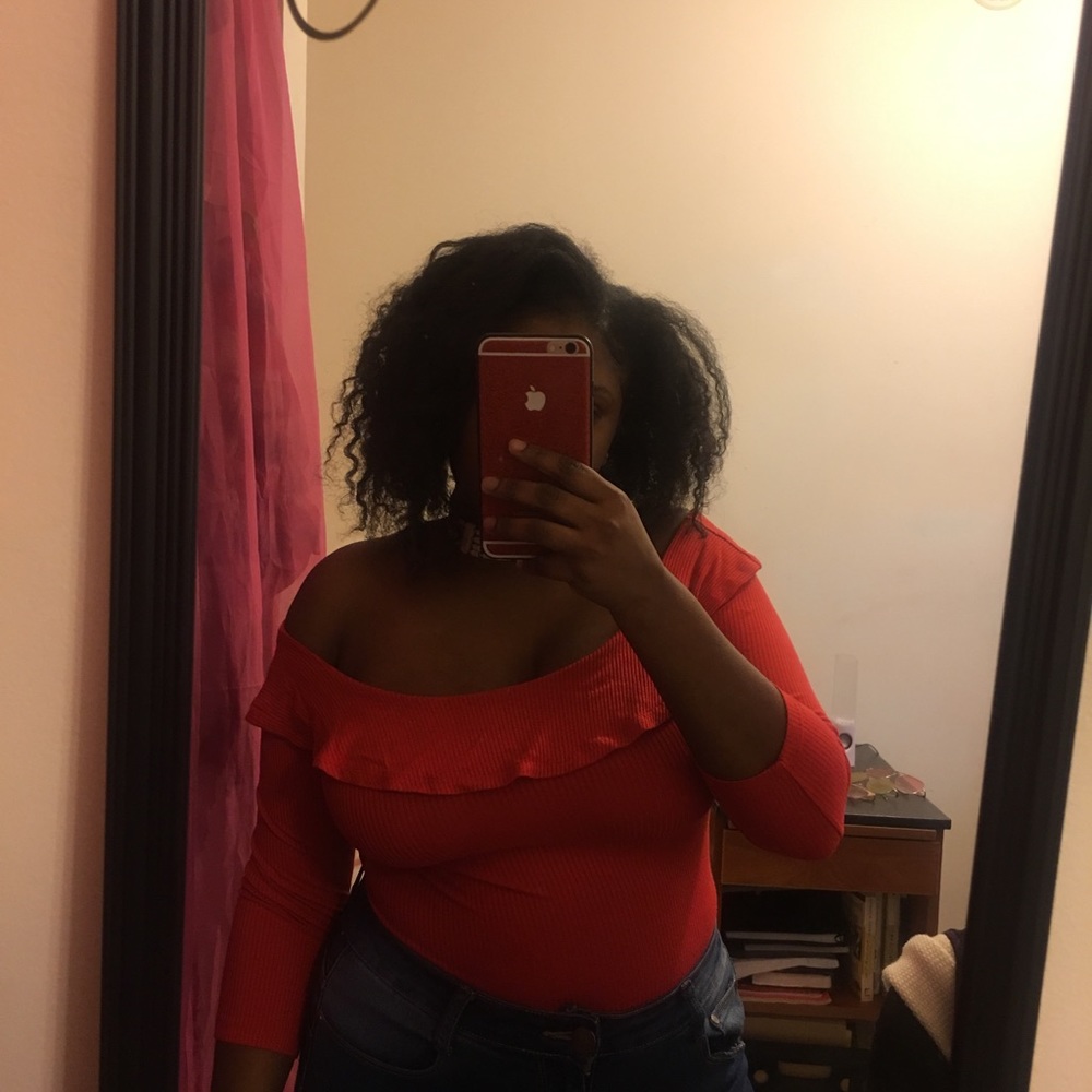 Red off shoulder ruffle bodysuit